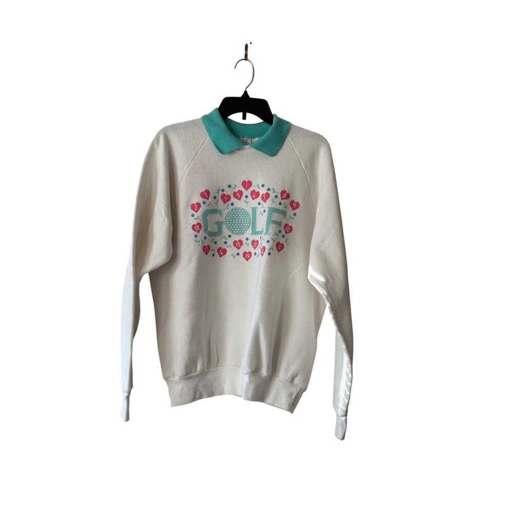 Vintage Cross Stitch Golf Print Sweatshirt With Collar XL White Teal Made In USA